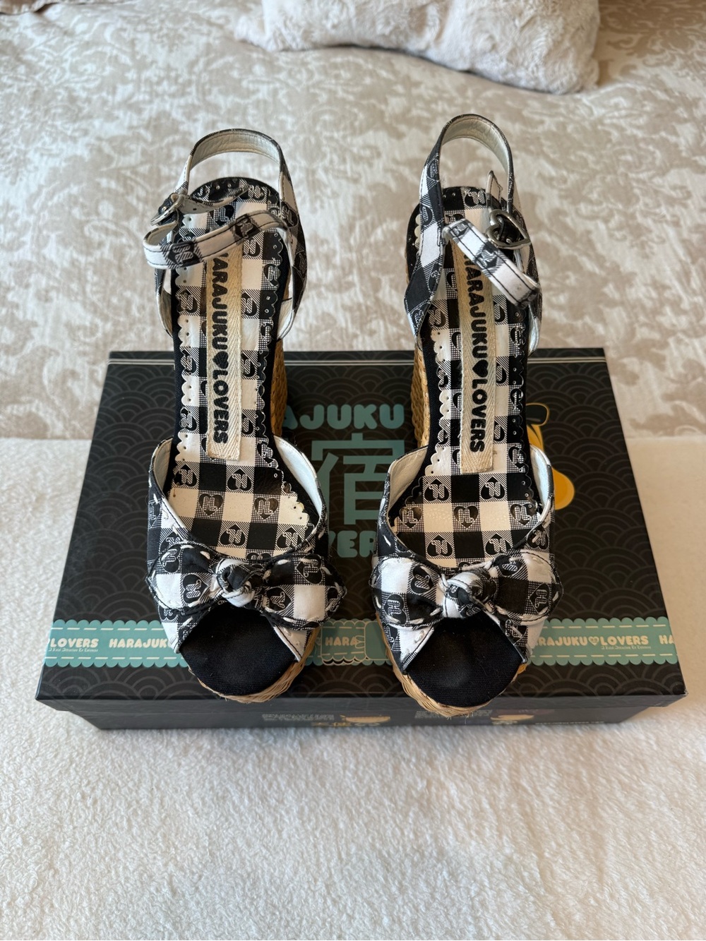 Harajuku Lovers Black & White Check Bow Wedge Sandals